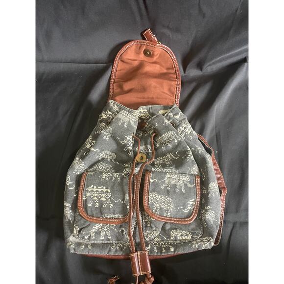 ELEPHANT PRINT BACKPACK, BLUE CANVAS, TAN FAUX LEATHER DETAIL, POCKETS - Picture 2 of 7